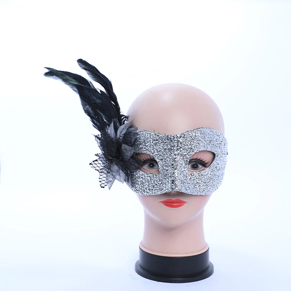 Hard Silver Gluittered Mask with side Feather and Rose