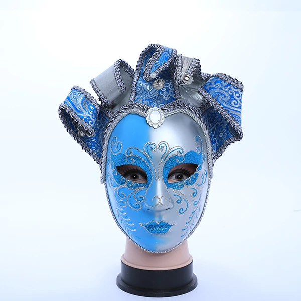 Full Face Light Blue & Silver Carnival Jester Masquerade Mask with Top