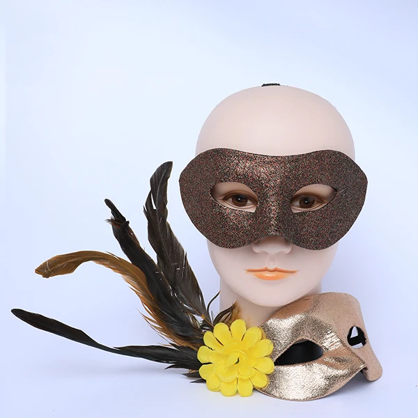 Couple Masks Set- 2 Bric Bronze and Gold Leather Masks (Women Mask Designed with side Brown Feather)