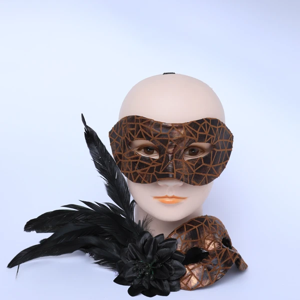 Couple Masks Set- 2 Dark Brown Leather with Brown Design Masks (Women Mask Designed with side Black Feather)