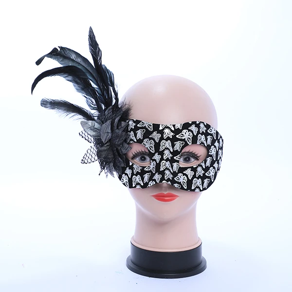 Black & Silver Butterfly Designed Velvet Mask with side Feather and Rose