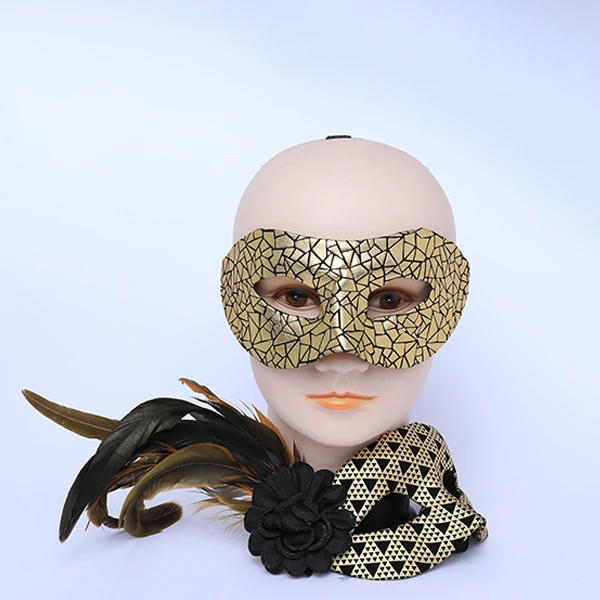 Couple Masks Set- 2 Shiny Gold&Black Designed Leather Masks (Women Mask Designed with side Black Feather)