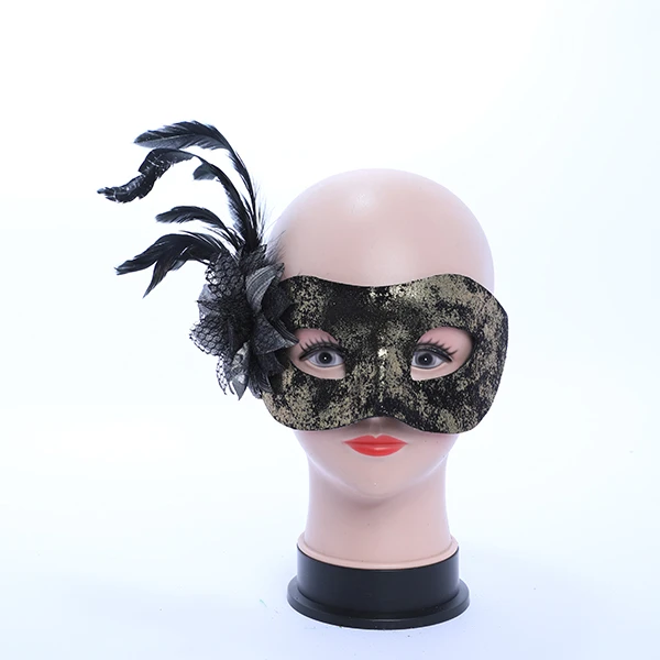 Shiny Gold & Black Velvet Mask with side Feather and Rose