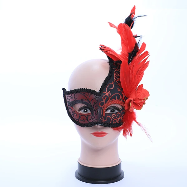 Black & Gluittered Red Masquerade Mask with Side Feather