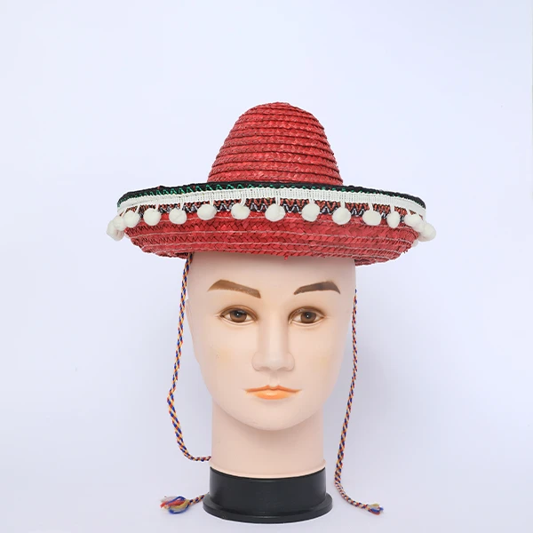 Small Straw Festival Red Mexican Party Hat with White Pompom