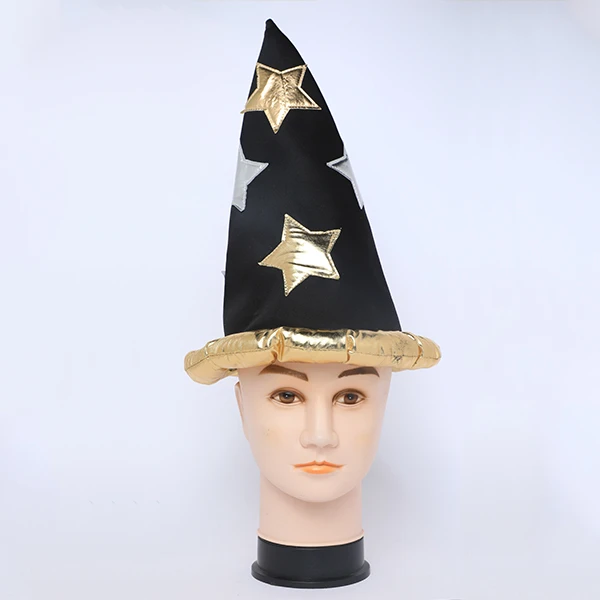 Foamy Teaxture Long Black Cone Hat with Gold and Silver Stars