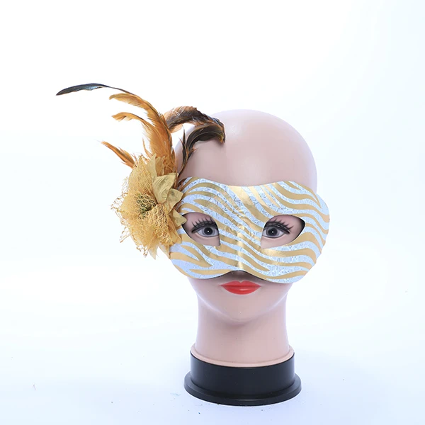 Shiny White & Gold Designed Leather Mask with side Feather and Rose