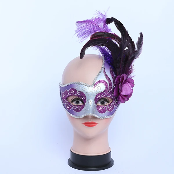 Silver & Purple Carnival Jester Masquerade Mask with side Design and Feather