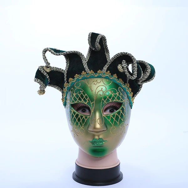 Full Face Green & Gold Carnival Jester Masquerade Mask with Top