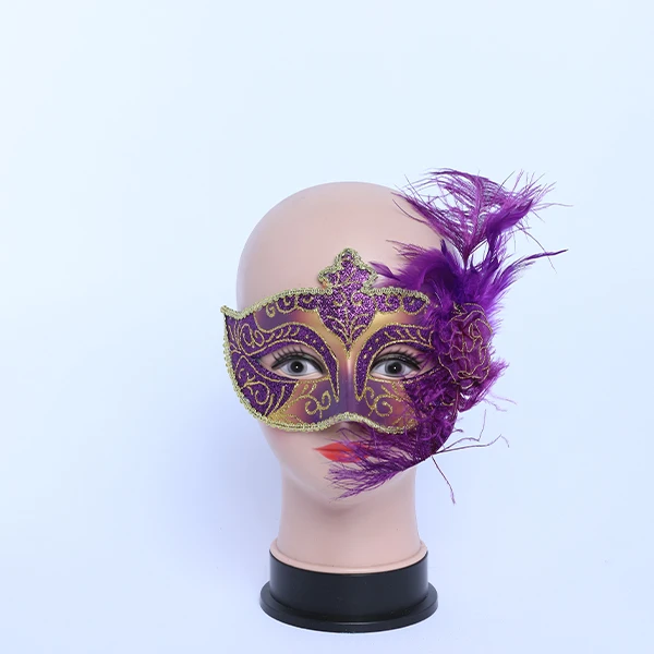 Purple & Gold Carnival Jester Masquerade Mask with side Feather