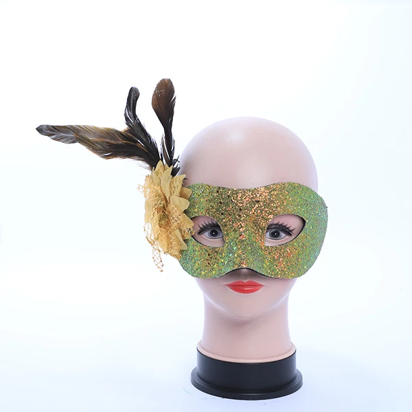 Hard Shiny Gold Gluittered Mask with side Feather and Rose