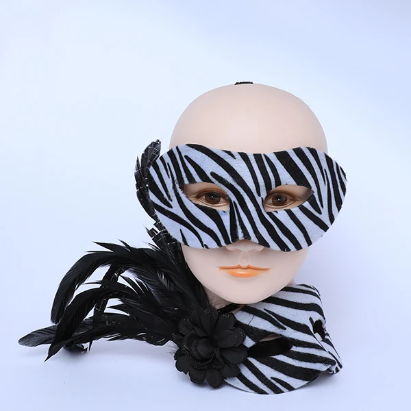 Couple Masks Set- 2 Black&White velvet Zebra Style Masks (Women Mask Designed with side Black Feather)