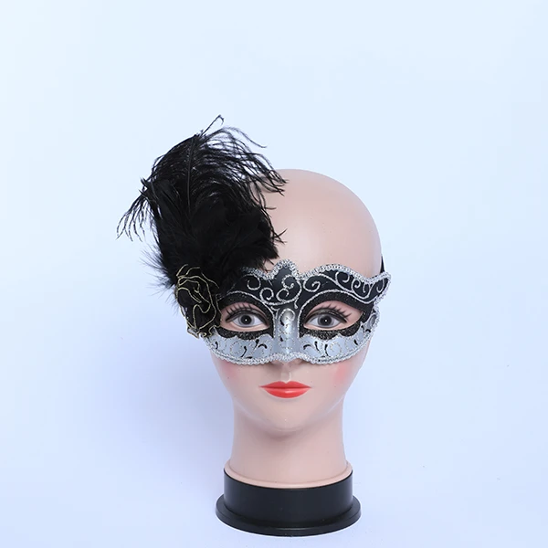 Black & Silver Carnival Jester Masquerade Mask with side Feather