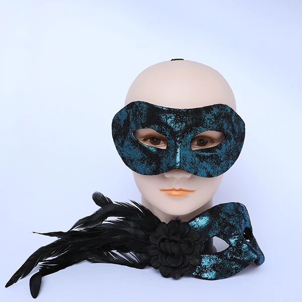 Couple Masks Set- 2 Shiny Dark Blue&Black Velvet Masks (Women Mask Designed with side Black Feather)