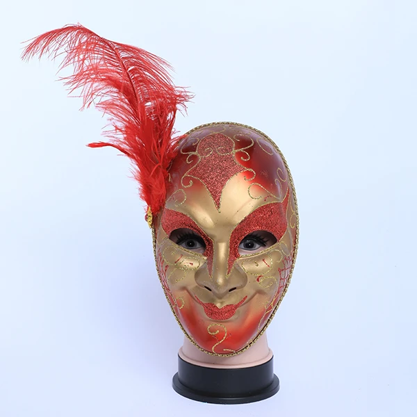 Full Face Gold & Red Carnival Jester Masquerade Mask with Side Feather