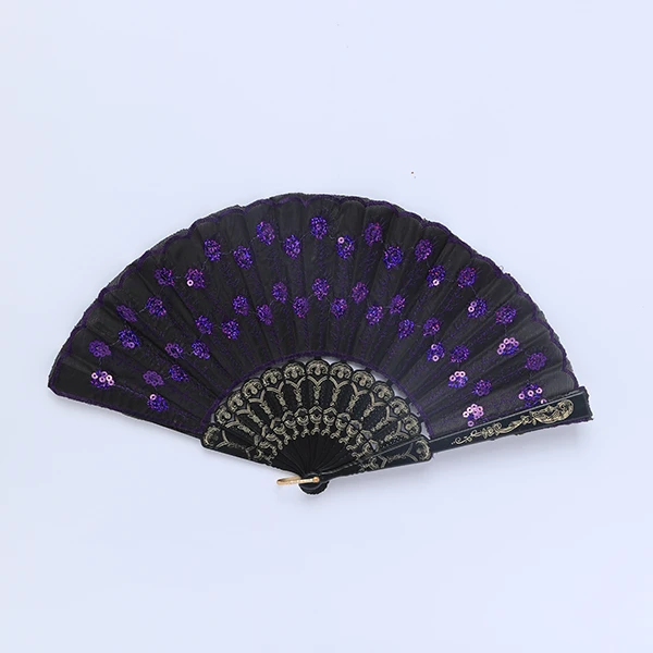 Vintage Silk Black&Purple Hand Fan- Charm Flower Design and Plastic Folding for performing Props