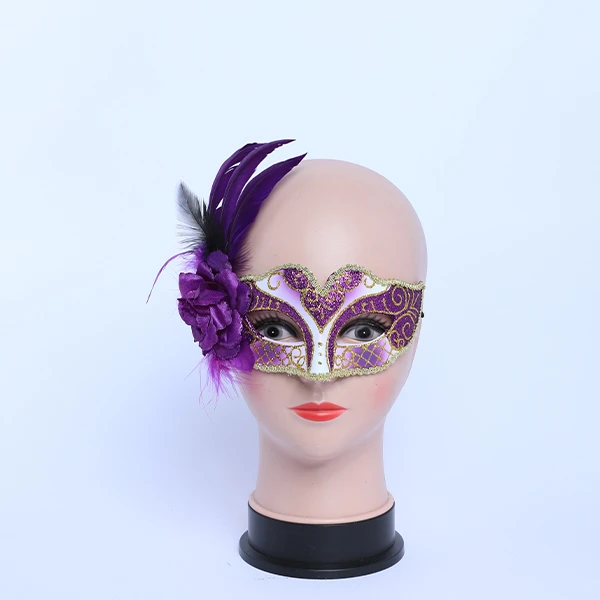 Purple & Gold V-Shaped Carnival Jester Masquerade Mask with side Feather