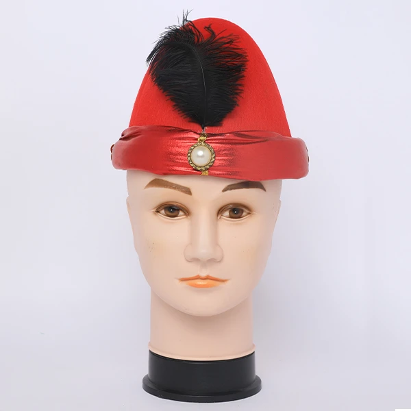 Red Sultan Hat Designed with Black Feather and Satin Bond