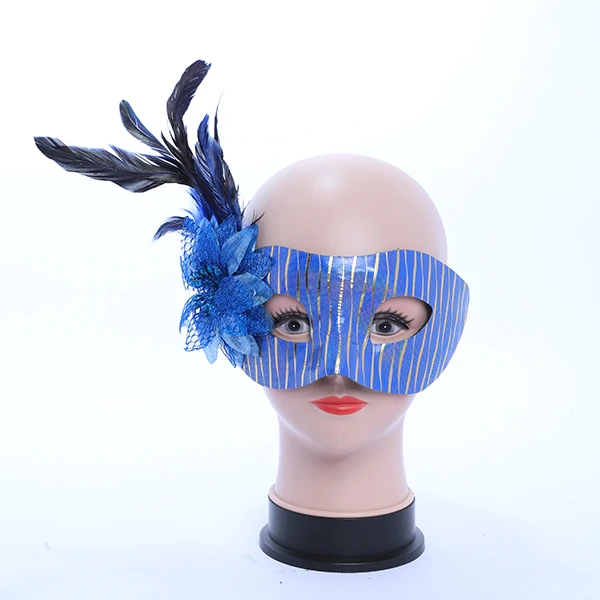 Shiny Blue & Silver Leather Mask with side Feather and Rose