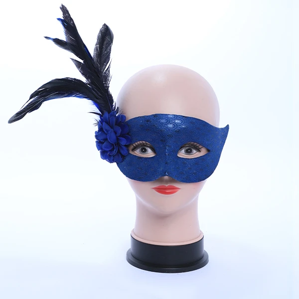 Shiny Dark Blue Designed Mask with side Feather