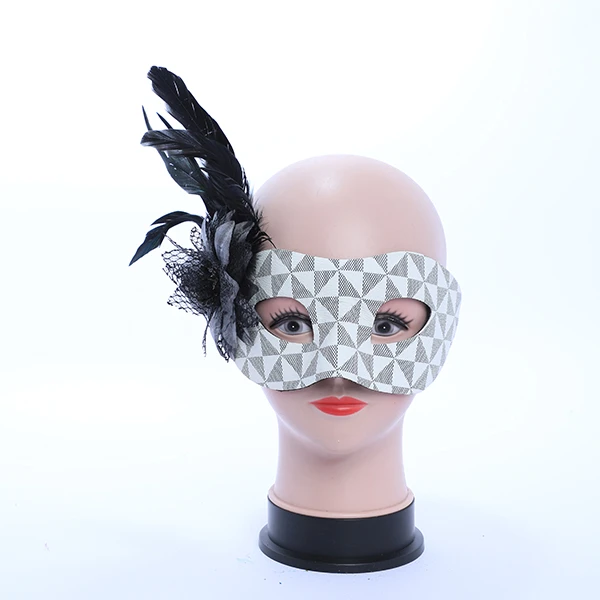 White & Grey Designed Mask with side Feather and Rose