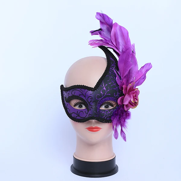 Black & Purple Carnival Jester Masquerade Mask with side Design and Feather