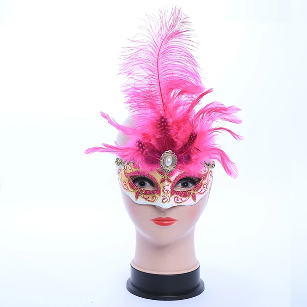 Pink & White Masquerade Mask with Middle Feather and Gold Gluitter