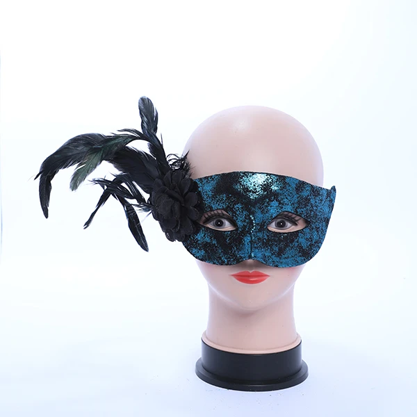 Shiny Turquoise & Black Velvet Mask with side Feather and Rose