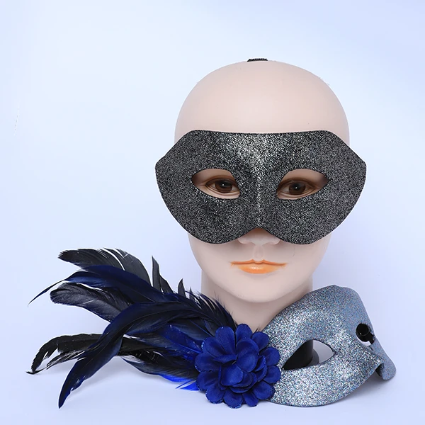 Couple Masks Set- 2 Bric Silver Leather Masks (Women Mask Designed with side Black Feather)