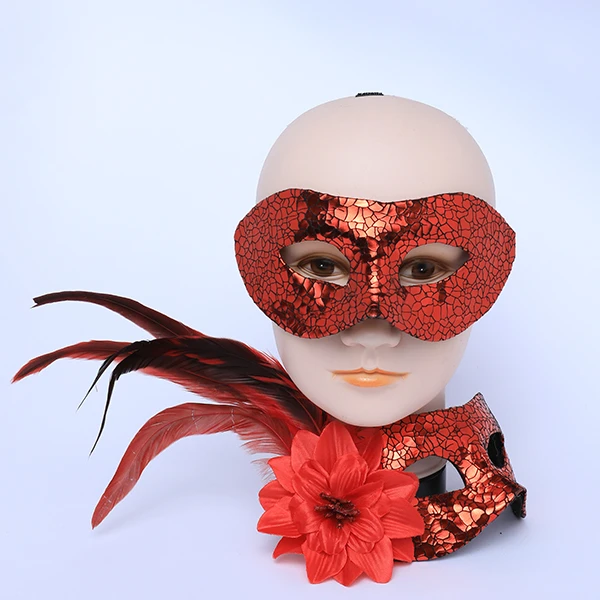 Couple Masks Set- 2 Shiny Red Designed in Black Leather Masks (Women Mask Designed with side Red Feather)