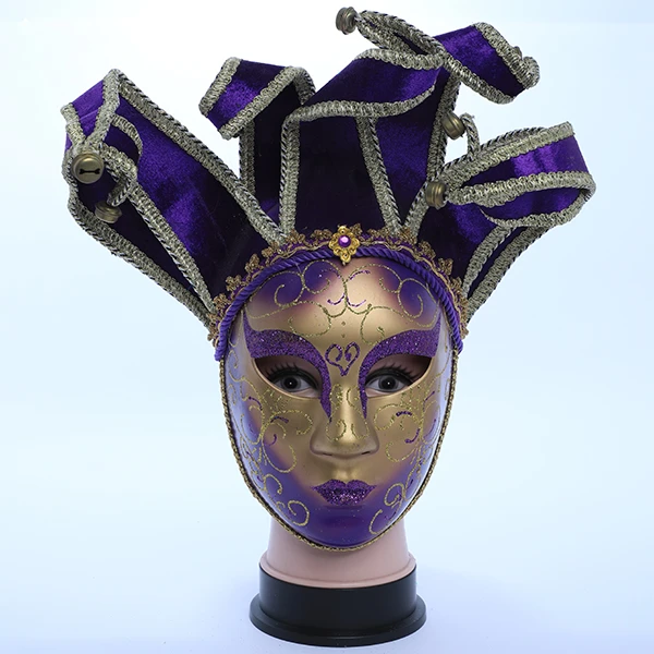 Full Face Purple & Gold Carnival Jester Masquerade Mask with Top