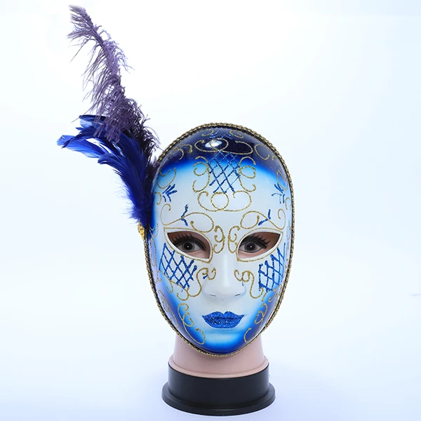 Full Face Blue & White Carnival Jester Masquerade Mask with Side Feather