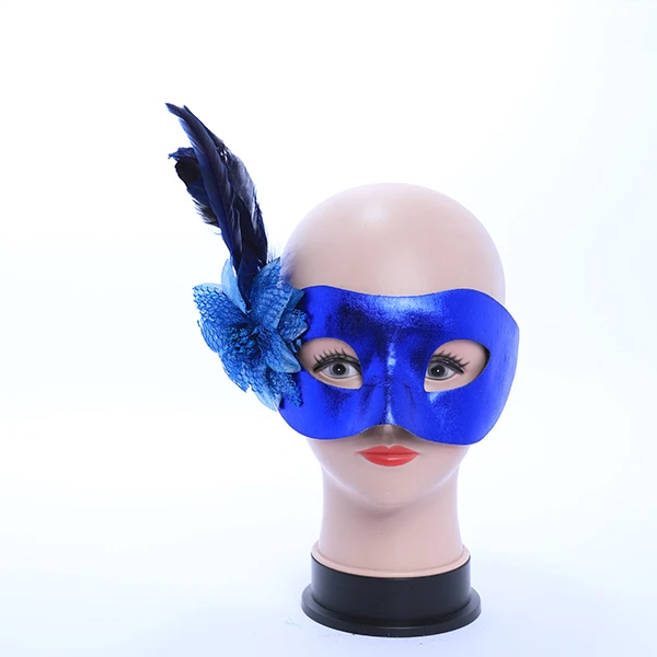 Shiny Blue Leather Mask with side Feather and Rose