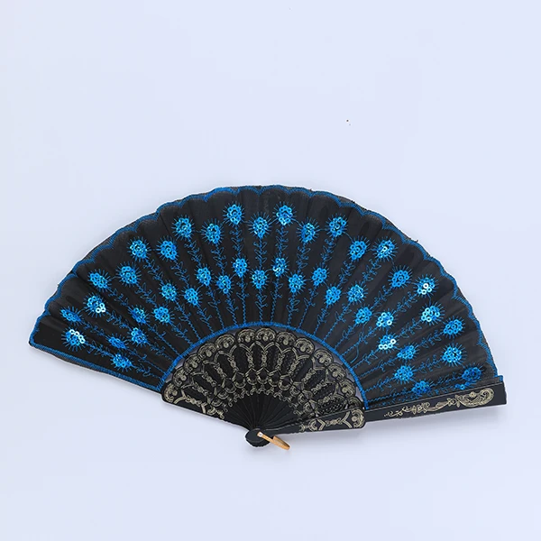 Vintage Silk Black&Blue Hand Fan- Charm Flower Design and Plastic Folding for performing Props