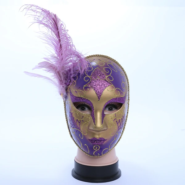 Full Face Gold & Purple Carnival Jester Masquerade Mask with Side Feather