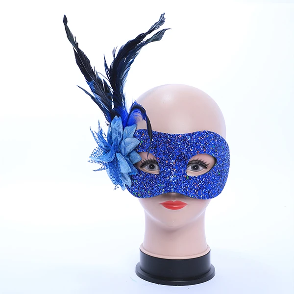 Hard Blue Gluittered Mask with side Feather and Rose