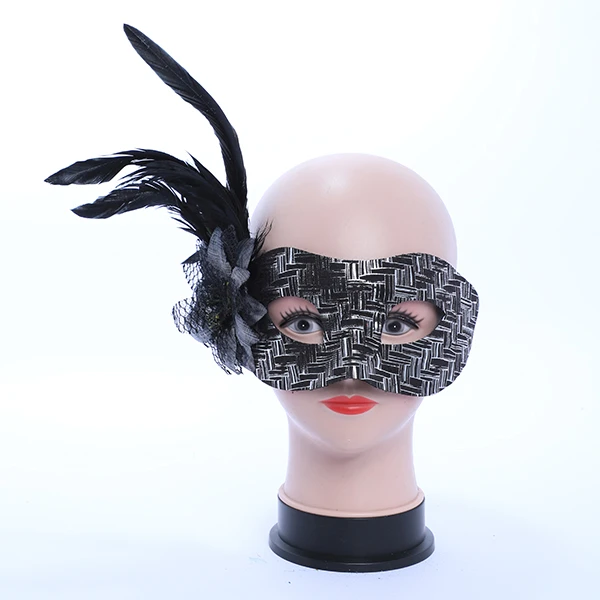 Black & Silver Round-shaped Mask with side Feather and Rose