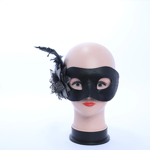 Shiny Black Leather Mask with side Feather and Rose