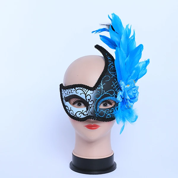 Black & Blue Carnival Jester Masquerade Mask with side Design and Feather