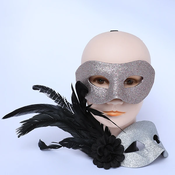 Couple Masks Set- 2 Silver Pinky Leather Masks (Women Mask Designed with side Black Feather)