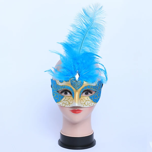 Blue & Gold Carnival Jester Masquerade Mask with Middle Long Feather