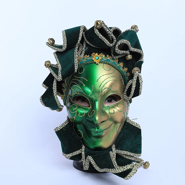 Full Face Gold & Green Carnival Jester Masquerade Mask with top Design and neck