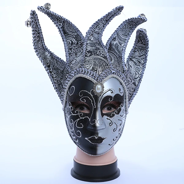 Full Face Black & Silver Carnival Jester Masquerade Mask with Top