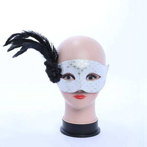 Shiny White & Gold Designed Mask with side Feather