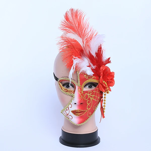 Half Face Red & White Jester Masquerade Mask with side Feather