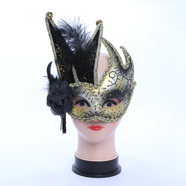 Gold & Black Carnival Jester Masquerade Mask with side Design and Rose