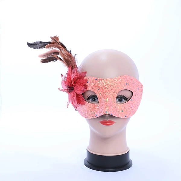 Hard Shiny Pink Gluittered Mask with side Feather and Rose