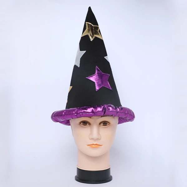 Foamy Teaxture Long Black Cone Hat with Purple, Gold and Silver Stars