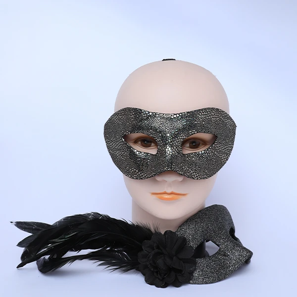 Couple Masks Set- 2 Silver Bric Leather Masks (Women Mask Designed with side Black Feather)