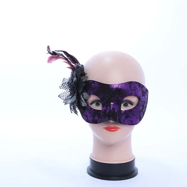 Shiny Purple & Black Velvet Mask with side Feather and Rose